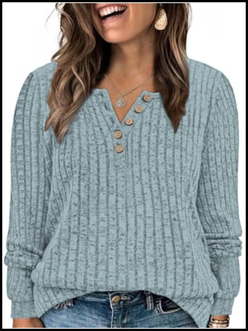 Plus Size Ribbed Knit Long Sleeve Henley Tunic Top Casual Pullover Sweater